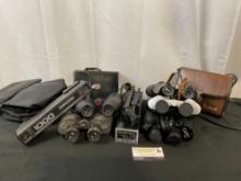 Selection of Binoculars and Scopes, Bushnell Tripod 78-3012, and Cases