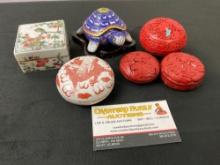 Collection of Small Asian Jewelry Boxes, Cloisonne Turtle, Painted Porcelain, Carved Red Wood, 6 pcs