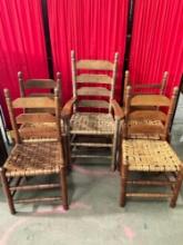 Set of 5 Antique wood chairs with woven seats - Good condition - See pics