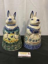 Pair of Handmade & Painted Polish Porcelain Rabbit Cookie Jars