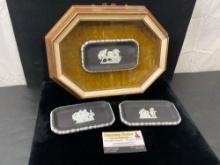 Trio of Antique Small Wedgwood Jasperware Trays, One is Framed, Charcoal/White