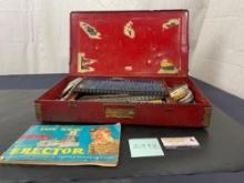 Vintage Mid Century 1954 Erector Set, Red Metal box w/ Manual