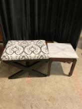 Vintage marble top mahogany side / lamp table & Vintage black and white upholstered bench