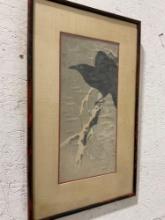 Antique Ink on Rice paper c.1906 TWO CROWS ON A HANGING BRANCH IN THE SNOW