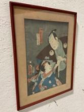 1853 Antique Japanese Print KABUKI ACTORS (STANDING MAN & SEATED WOMAN) by Kunisada (1786-1864)