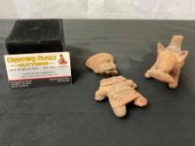 Pair of Antique Pottery, Likely Pre-Mexican, Small Standing Figure & Dog Figure w/ Corn Cob