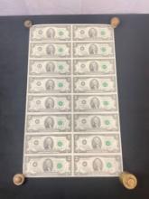 1976 US mint 16 count uncut sheet of $2.00 bills Nice piece