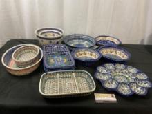 Lovely Vintage Polish Handpainted Glazed Porcelain Divided Trays, Deviled Eggs Tray, Bowls, 13 pcs