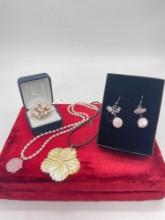 Sterling silver necklaces, ring and earrings with pearl, rose Quartz and shell elements