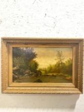 Antique old master style American landscape oil painting in gilt wood frame - unsigned