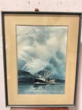Large original hand painted watercolor of an Alaskan fishing vessel by Heine