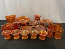 Vintage Orange/Marigold Carnival Glass, Candy Dishes, Dessert Cups, Mugs, Various Brands, 22 pcs