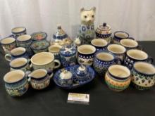 Vintage Polish Glazed Porcelain Assorted Mugs, Cups, and Bowls, Cat Figures, and more, approx 28 pcs
