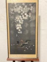 Hand signed Anya's Long Beach 1979 Asian duck scene wall panel painted on paper - fair cond