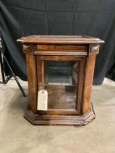 Mid century burled mahogany display cabinet/ case with light & glass shelf