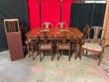 Vintage dining table w/ 7x shield-back chairs feat. diamond upholstery design - good cond