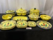 WWII Era HB Henriot Quimper France Yellow Soleil Pottery & Enameled Kitchenware, 16 pcs