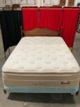 Queen size bed set w/ mahogany headboard, Infinity Vogue mattress, & metal frame