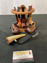 Assortment of Vintage Pipes, Briar, Horn & More, 8 pipes and pipe holder