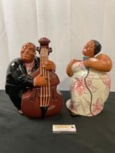 Pair of Vintage Clay Art Musical Cookie Jars, Bass Man & Jazz Diva