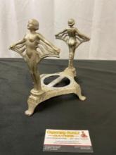 Antique Silver Cast Iron Plant Stand, 2 Feminine Figures on either side