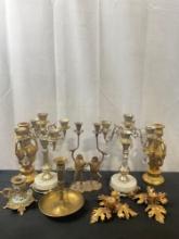 Selection of 9 brass, composite, and metal vintage candlesticks & candleholders incl. rare frog