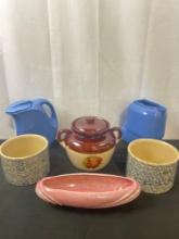 Lot of vintage crockery & ceramics incl. Roseville, Ohio speckled crocks & McCoy lidded jar