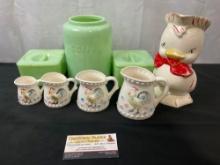 Japanese Graduated Measuring Cups + Jadeite Pale Green Glass Coffee jar, Sugar & Flour containers