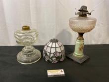 Three Lamp Pieces, Antique Hurricane Bases & Tiffany Style Lamp Shade