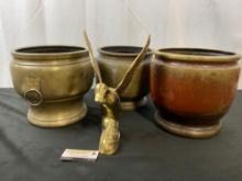 Assortment of Brass Planters & Cast Brass Duck Figure, 4 pcs