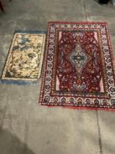 Vibrant red area rug with floral motif 5'8"x3'10" & French tapestry/ spot rug 2'x3'10"