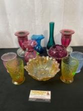 Multicolored Art Glass Pieces, Cranberry & Carnival Glass, Bowls, Glasses, Candleholders, 11 pcs