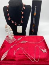Selection of sterling silver jewelry incl. pearl & silver bracelet, shell necklace, amber necklace
