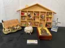Assorted Music Boxes, and Vintage Handmade Spanish Clay Figures, 22 pcs