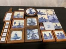 Large Assortment of Dutch Windmill Framed Pieces, Trivets, and Porcelain Tiles, incl. Delft, 18 pcs