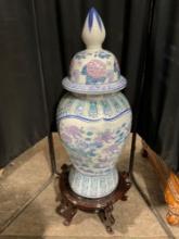Vintage painted vase with koi fish design and wooden stand - good condition