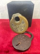 Pair of rare antique locks w/ no key - Champion 6 lever brass deco lock & antique U.S.A BEAR lock