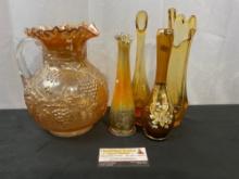 Assorted Yellow Glass Vases and Marigold Carnival Glass Pitcher, Czech Painted Glass, and more