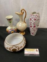 Delft Polychrome Bud Vase, Lusterware Pitcher, Chintz Rose Vase, and Bohemian Painted Glass Bowl