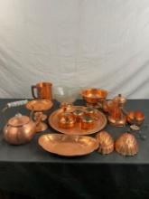 Collection of vintage copper Teapots & serving ware incl. Pitcher, platters, candleholders & more!