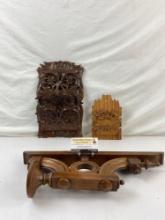 3 pc Assortment of Wooden Items. 2 Wooden Wall Shelves and 1 Wooden Lamp Holder. See pics.