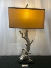 Silver Painted Driftwood Lamp, w/ Golden Lamp Shade 34 inches tall