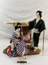 3 pcs Vintage Handmade Japanese Dolls on Wooden Stand & Toy Palanquin. exceptional quality See pics.