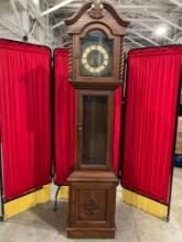 Antique Baduf Wooden Standing Hall Grandfather Clock w/ Weights & Pendulum. See pics.