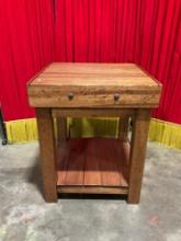 Vintage Square Wooden Butcher Block Table w/ Bulleted Details. See pics.