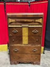 Antique Art Nouveau Wooden Tallboy Dresser w/ 5 Drawers & Brass Drawer Pulls. See pics.
