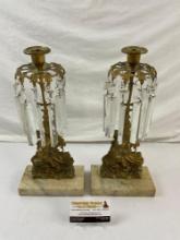 Pair of Antique Chandelier Crystal & Brass Candlestick Holders w/ Marble Bases. See pics.