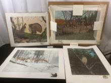 4 Gerald W. Putt Signed Prints with Remarques, wildlife in nature
