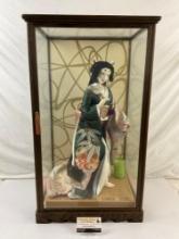 Vintage Handmade Japanese Geisha Doll in Wood & Glass Case. Exceptional Quality See pics.