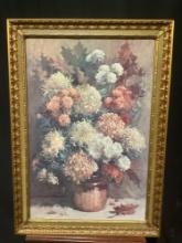Framed Print of potted Flowers titled Mums & Oak Leaves